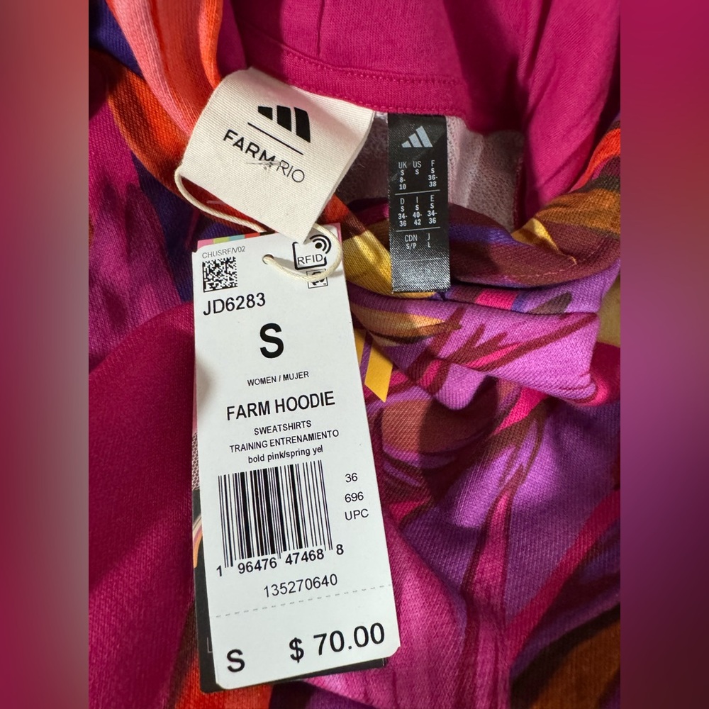 Adidas x Farm Rio Wmns Crop Top Hoodie Bold Pink/Spring Yellow Sz: Various ~ NWT - Picture 5 of 12